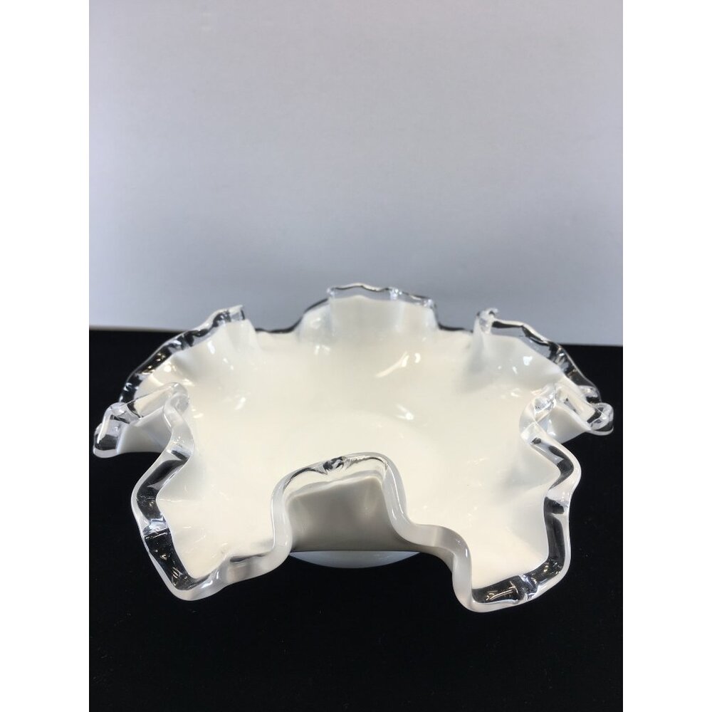 Vintage Fenton Milk Art Glass Ruffled Candy Dish Bowl Silver Crest White 6.5''
